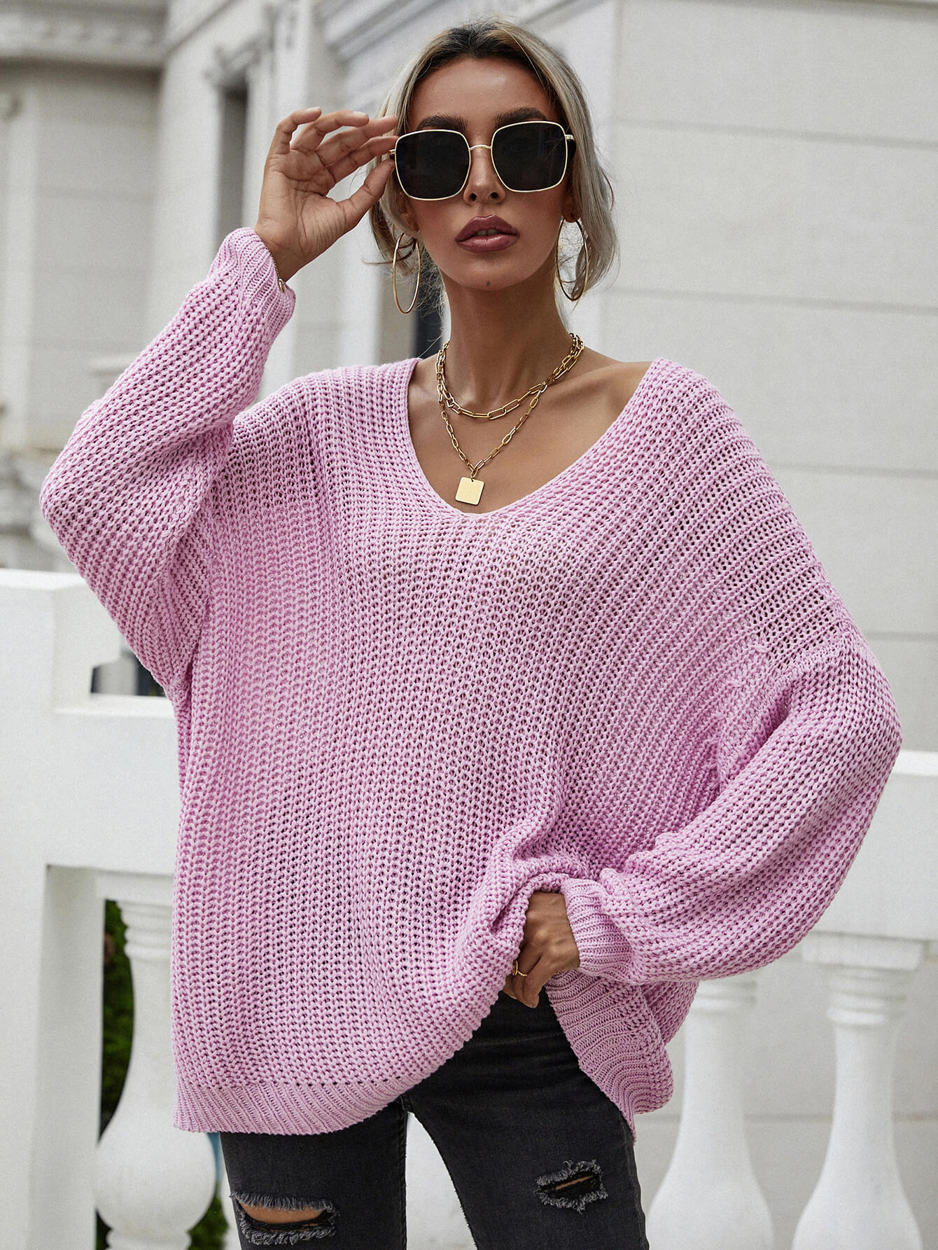 Rib-Knit Drop Shoulder V-Neck Pullover Sweater king-general-store-5710.myshopify.com