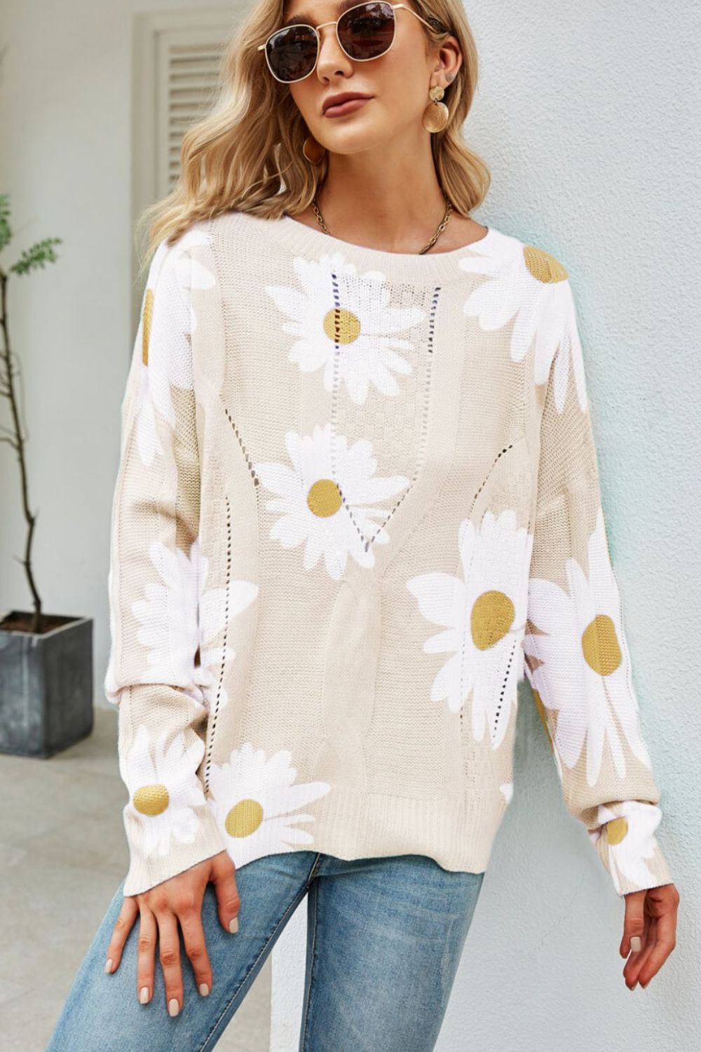 Daisy Print Openwork Round Neck Sweater king-general-store-5710.myshopify.com