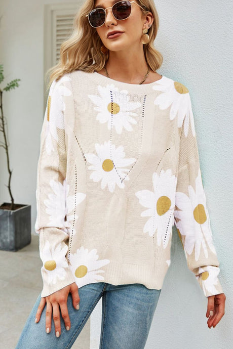 Daisy Print Openwork Round Neck Sweater king-general-store-5710.myshopify.com