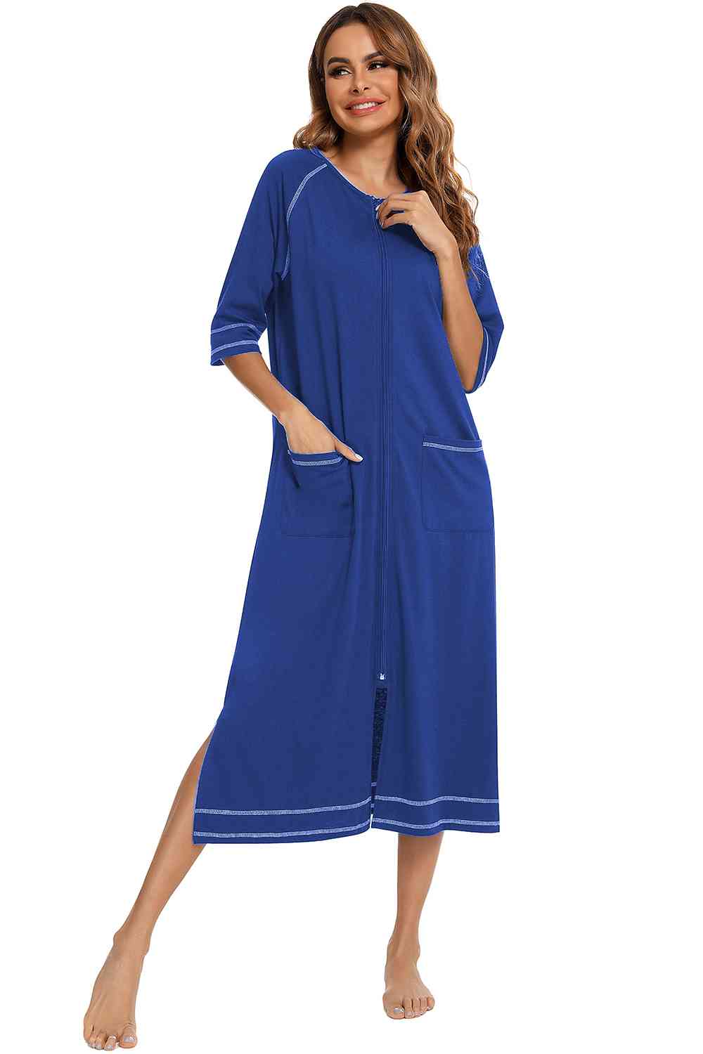 Zip Up Slit Round Neck Night Dress with Pockets king-general-store-5710.myshopify.com