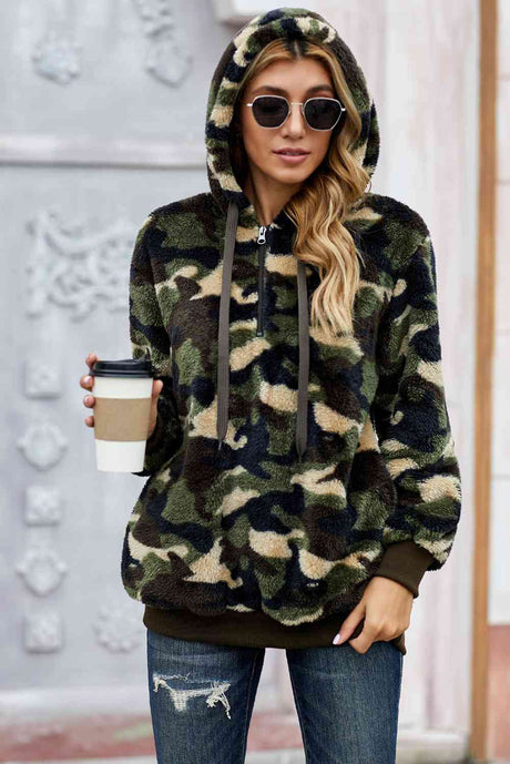 Camouflage Half Zip Fuzzy Hoodie king-general-store-5710.myshopify.com