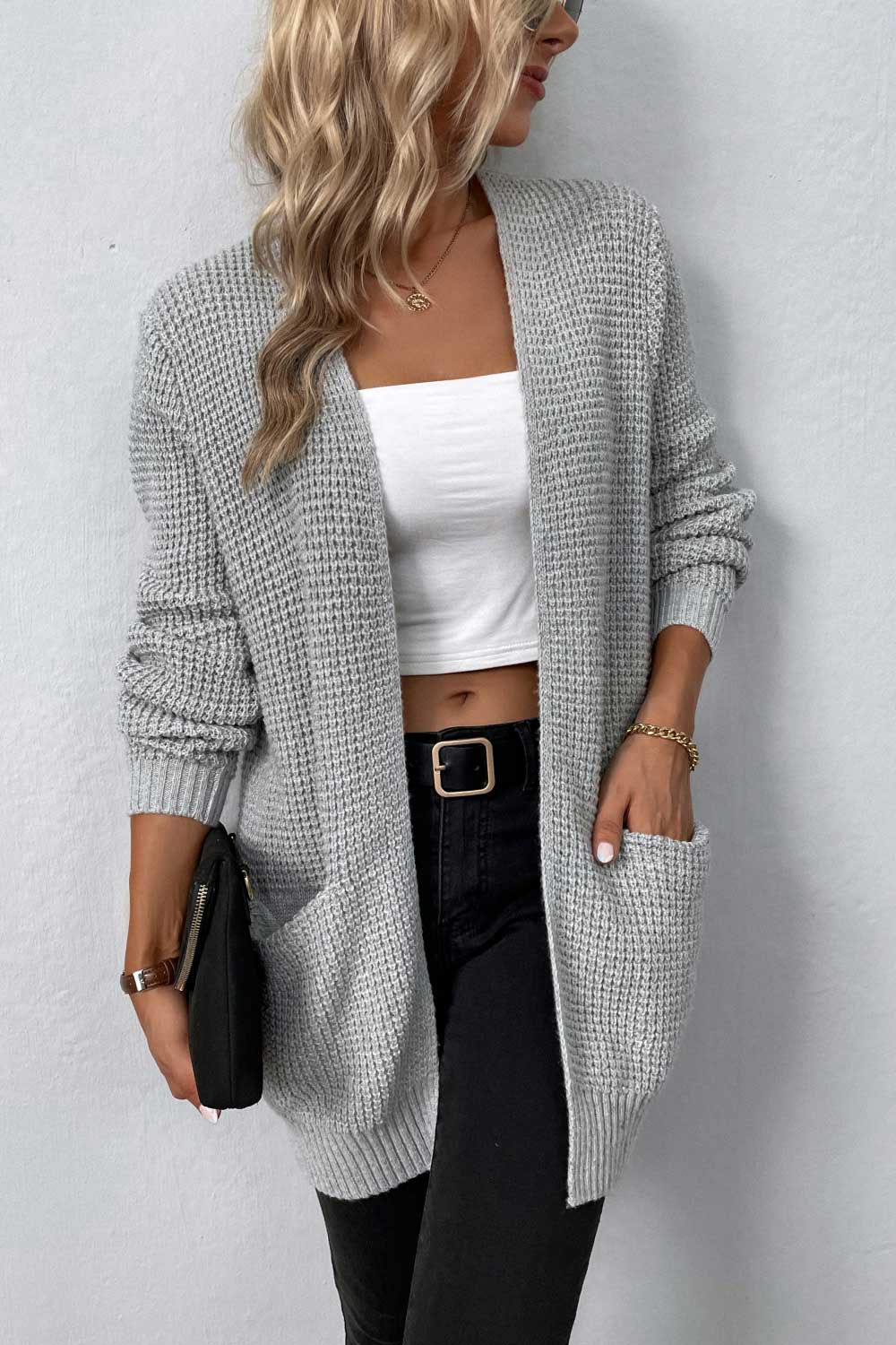 Rib-Knit Open Front Pocketed Cardigan king-general-store-5710.myshopify.com