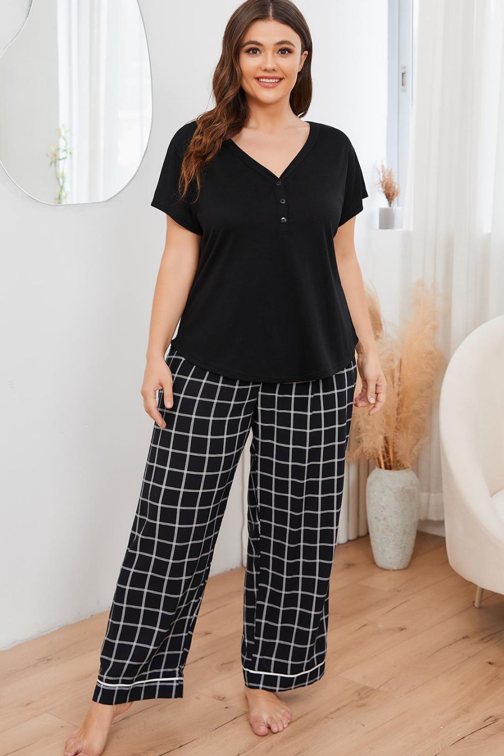 Plus Size V-Neck Top and Plaid Pants Lounge Set king-general-store-5710.myshopify.com