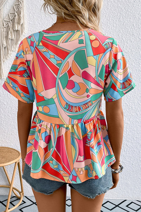 Printed Tie Neck Short Sleeve Blouse king-general-store-5710.myshopify.com