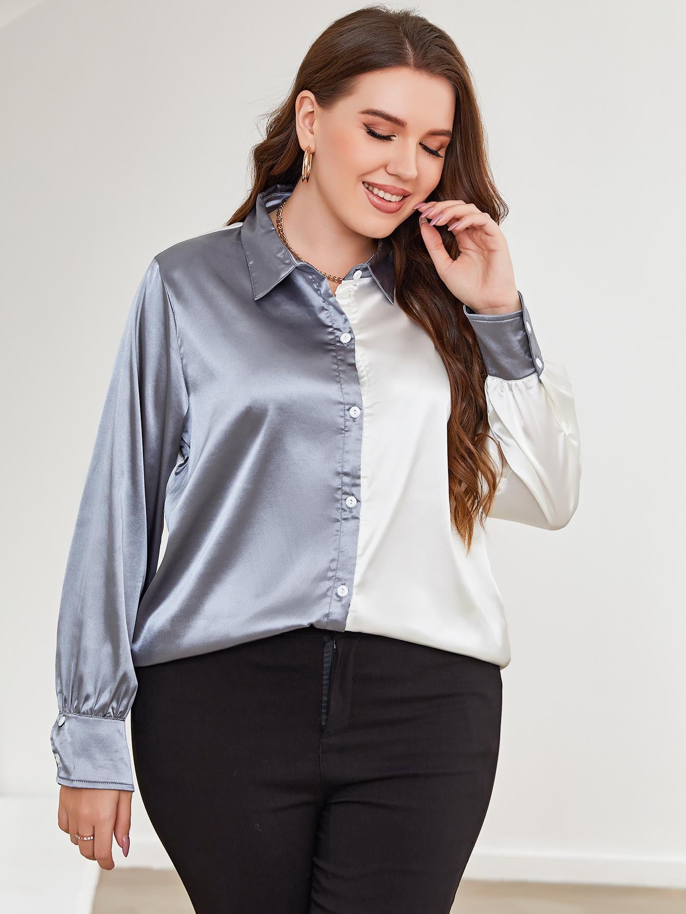 Plus Size Two-Tone Long Sleeve Shirt king-general-store-5710.myshopify.com