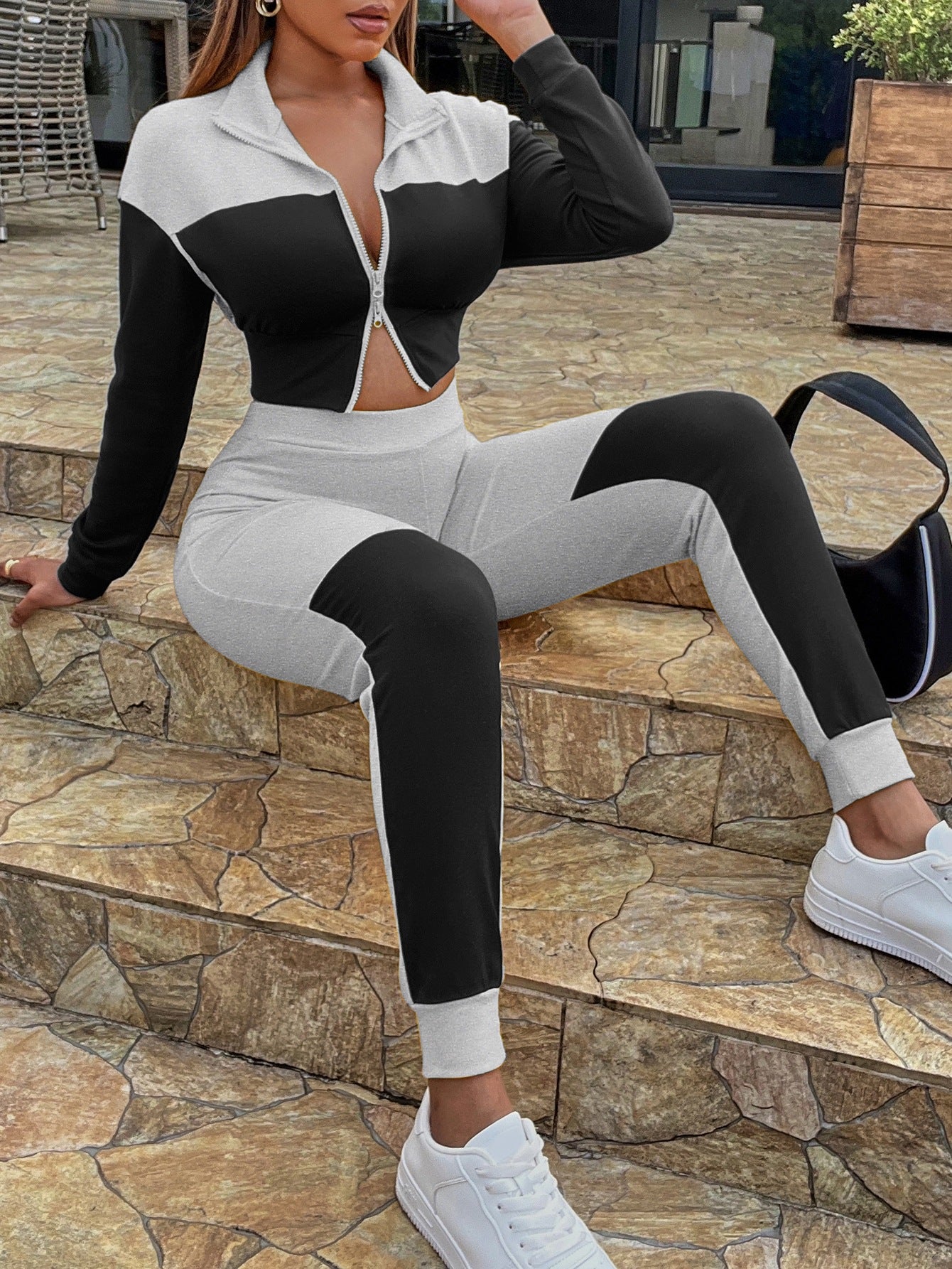 Two-Tone Collared Neck Top and Joggers Set king-general-store-5710.myshopify.com