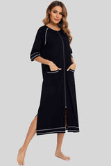 Zip Up Slit Round Neck Night Dress with Pockets king-general-store-5710.myshopify.com