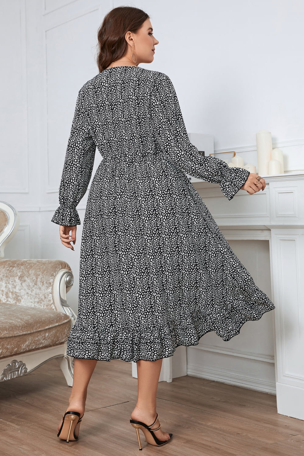 Plus Size Printed V-Neck Flounce Sleeve Midi Dress king-general-store-5710.myshopify.com