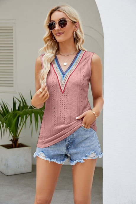 Contrast V-Neck Eyelet Tank king-general-store-5710.myshopify.com