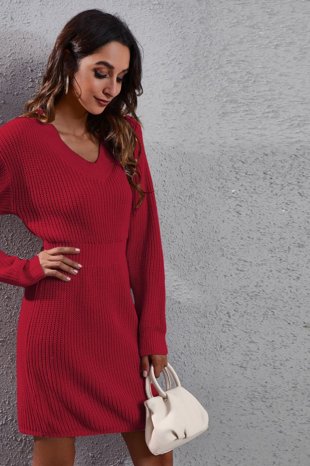 V-Neck Long Sleeve Rib-Knit Sweater Dress king-general-store-5710.myshopify.com