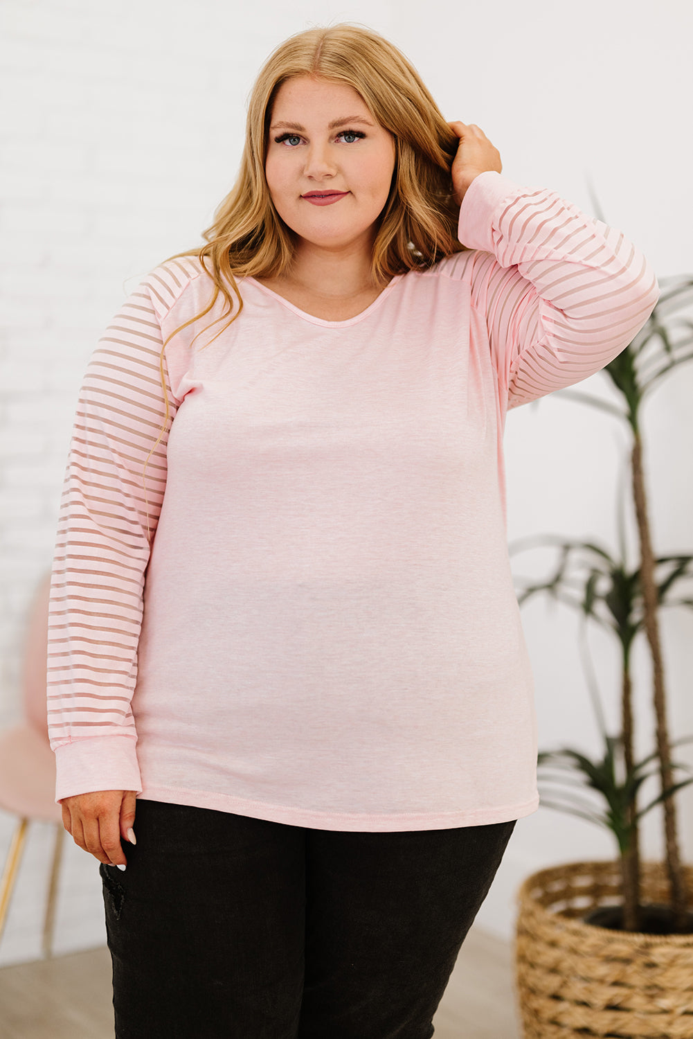 Plus Size Sheer Striped Sleeve V-Neck Top king-general-store-5710.myshopify.com