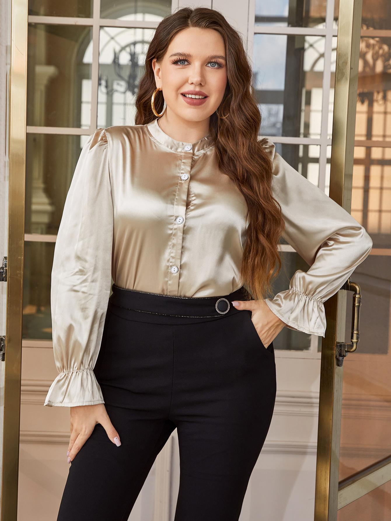 Plus Size Flounce Sleeve Band Collar Shirt king-general-store-5710.myshopify.com