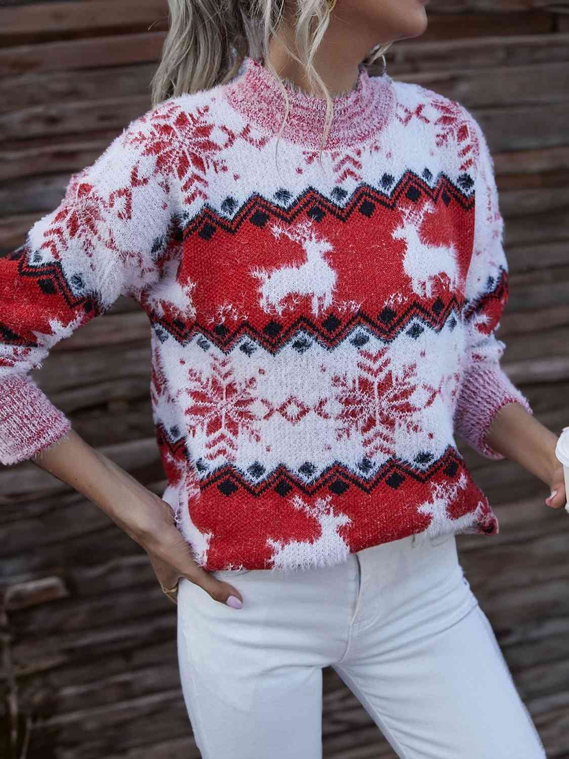 Reindeer & Snowflake Round Neck Sweater king-general-store-5710.myshopify.com