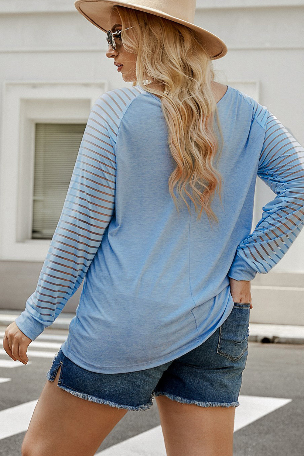 Plus Size Sheer Striped Sleeve V-Neck Top king-general-store-5710.myshopify.com