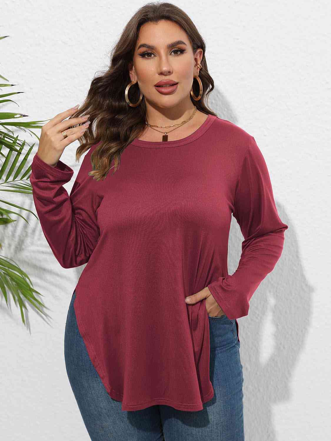 Plus Size Round Neck Long Sleeve Slit T-Shirt king-general-store-5710.myshopify.com