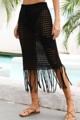 Fringe Hem Drawstring Waist Openwork Skirt king-general-store-5710.myshopify.com