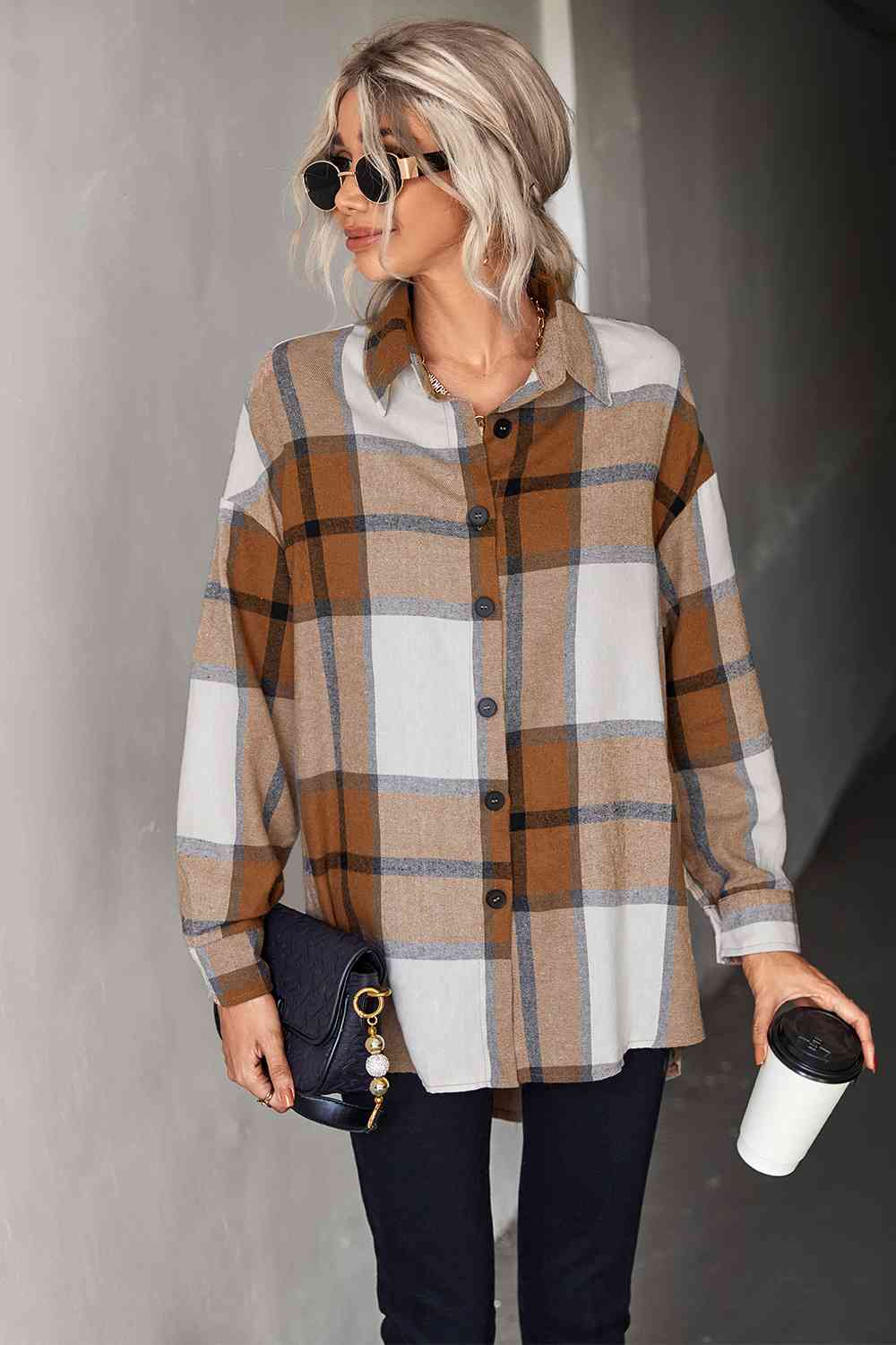 Plaid Collared Neck Longline Shirt king-general-store-5710.myshopify.com