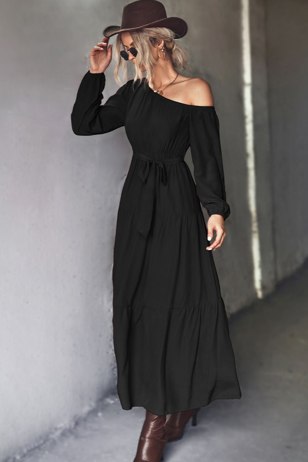 Belted One-Shoulder Tiered Maxi Dress king-general-store-5710.myshopify.com